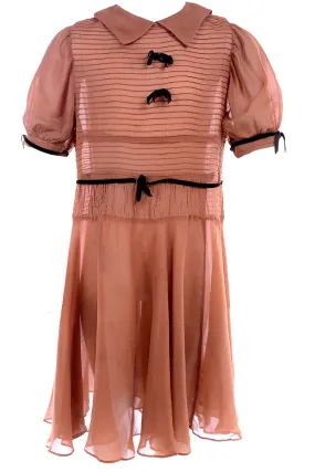 1920s Brown Silk Girls Dress With Velvet Bows 1920s Brown Silk Girls Dress With Velvet Bows