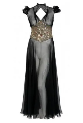 1930's Couture Black Sequin Silk-Chiffon Puff Sleeve Backless Bias-Cut Deco Gown 1930's Couture Black Sequin Silk-Chiffon Puff Sleeve Backless Bias-Cut Deco Gown