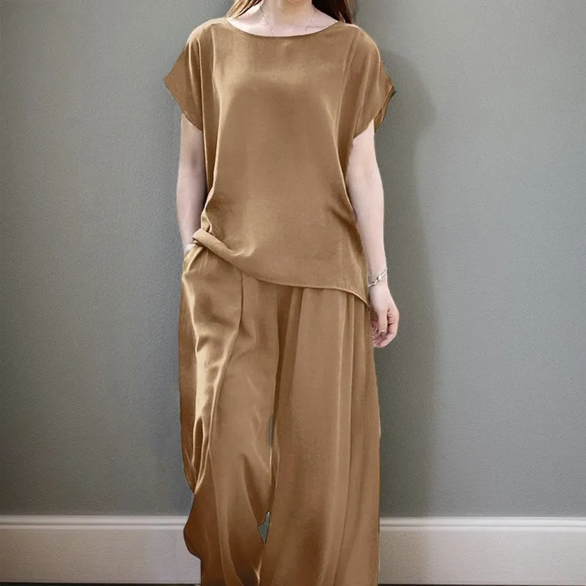 2 Pcs Women's Short Sleeve Solid Color Pants Set 2XL 425755