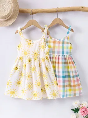 2pc Colorful Dopamine Girl Sun & Multicolor Plaid Strap Dress, Summer 2pc Colorful Dopamine Girl Sun & Multicolor Plaid Strap Dress, Summer
