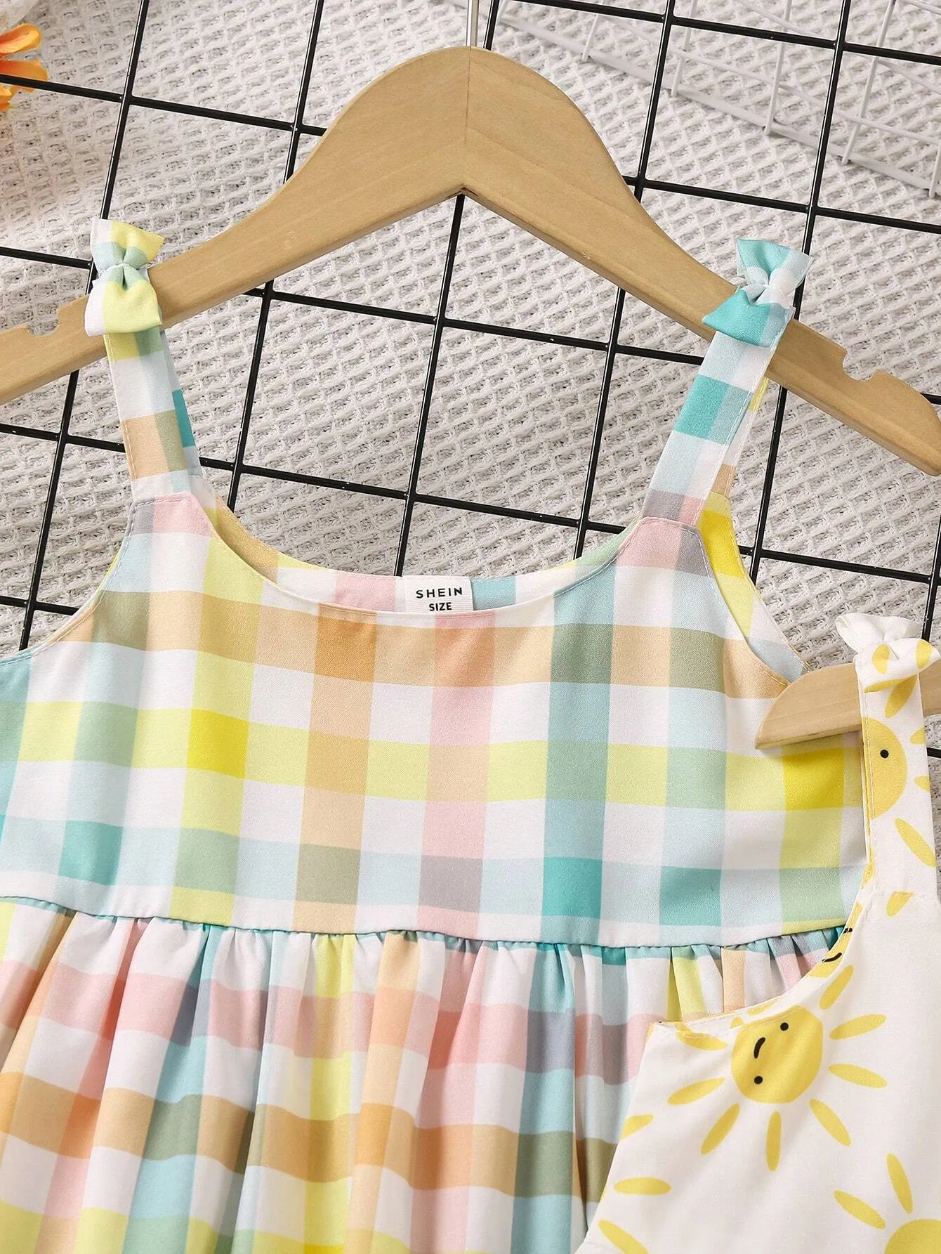 2pc Colorful Dopamine Girl Sun & Multicolor Plaid Strap Dress, Summer