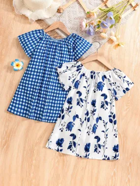2pcs Girls' Holiday Woven Plaid Floral Printed Dresses, Spring/Summer