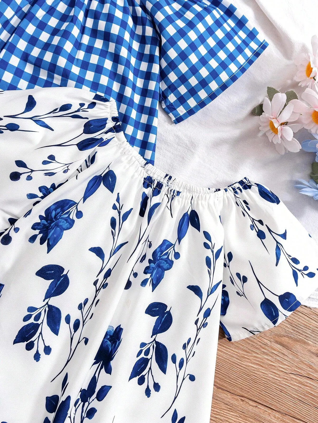 2pcs Girls' Holiday Woven Plaid Floral Printed Dresses, Spring/Summer