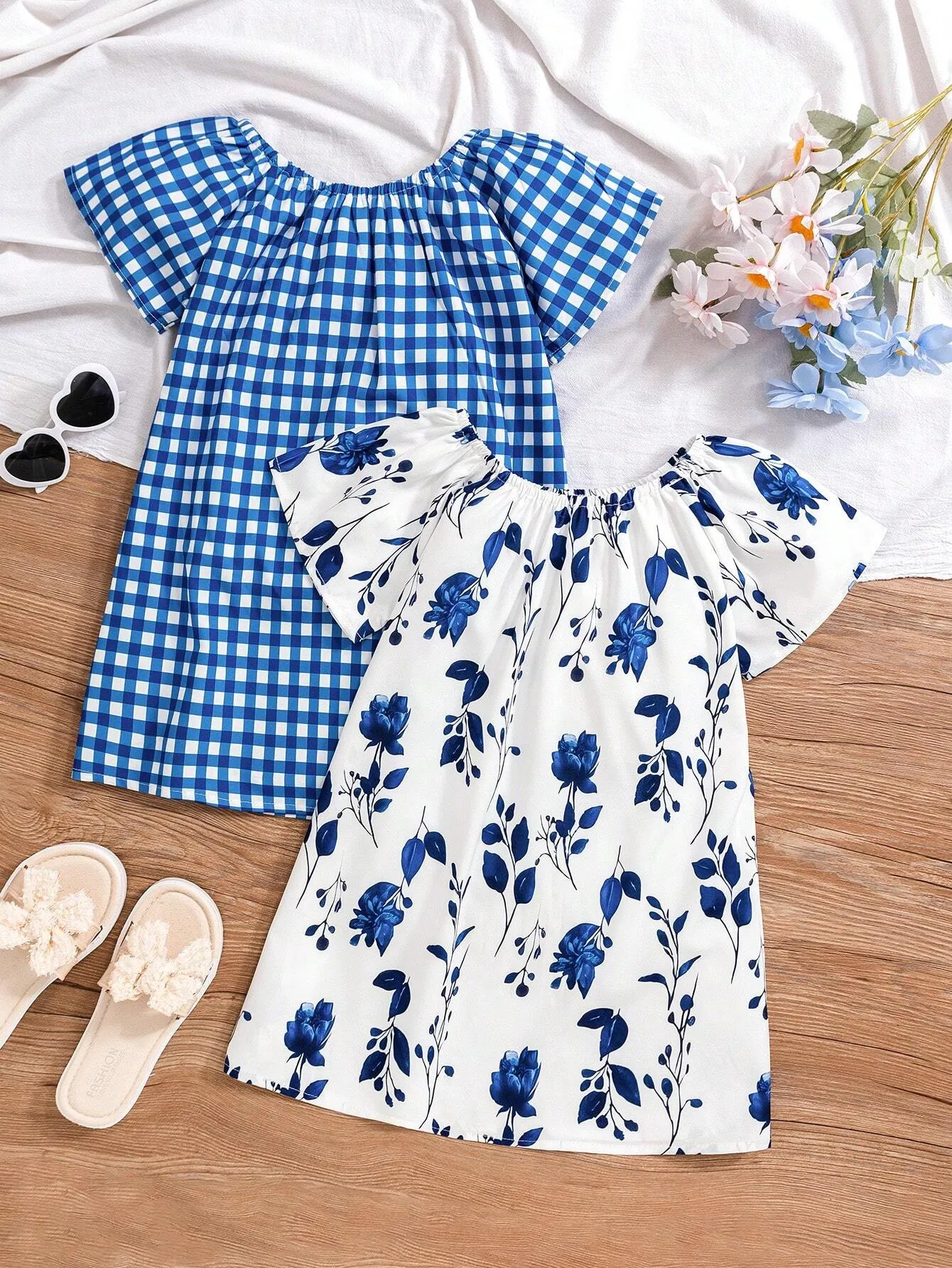 2pcs Girls' Holiday Woven Plaid Floral Printed Dresses, Spring/Summer