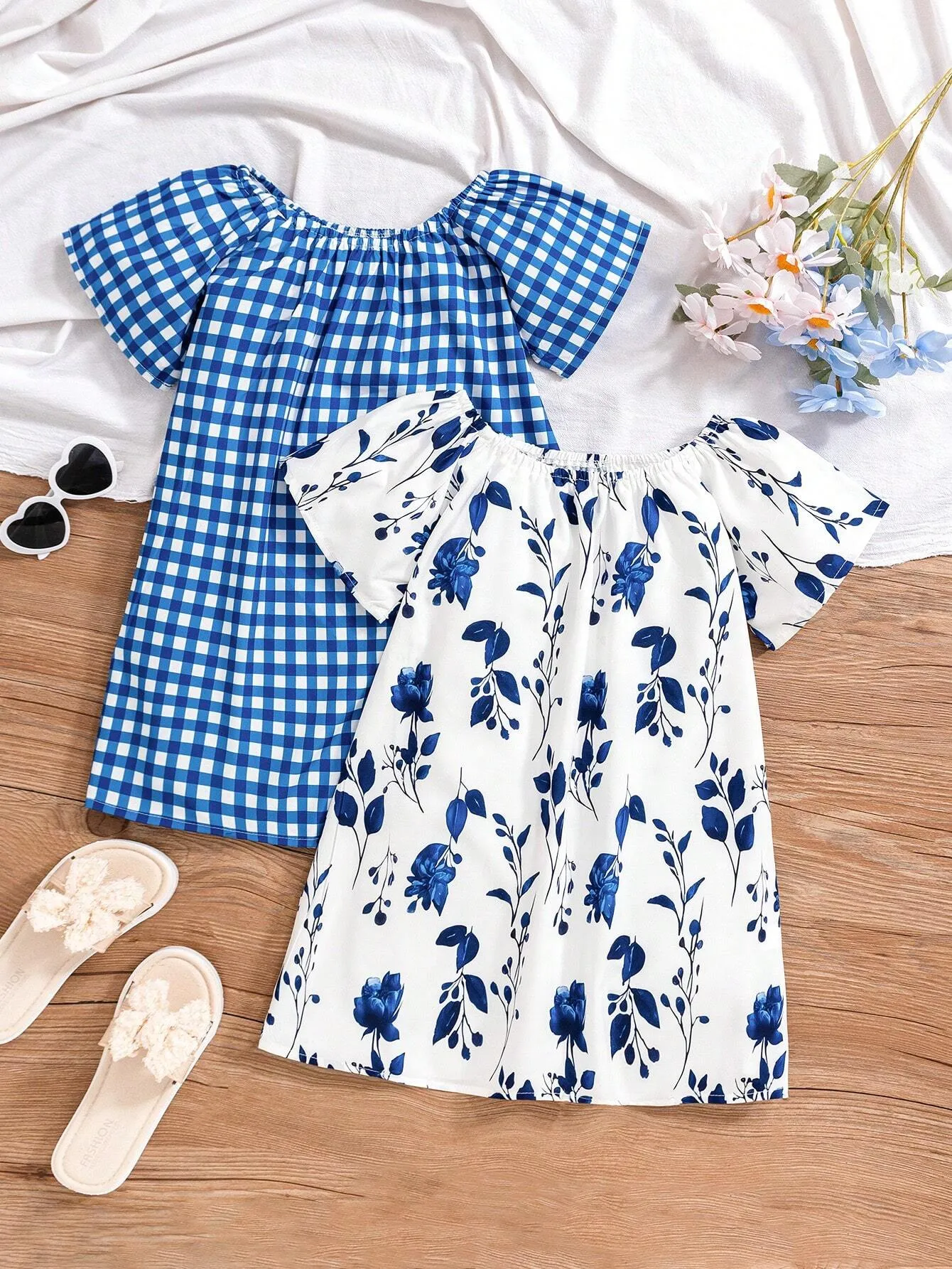 2pcs Girls' Holiday Woven Plaid Floral Printed Dresses, Spring/Summer