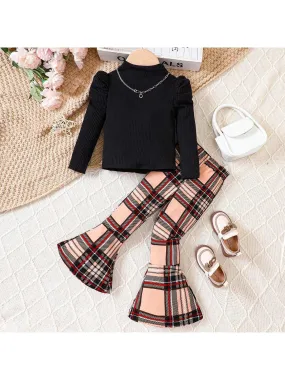 2pcs Girls' Knitted Long Sleeve Undershirt   Plaid Flared Pants Casual Set, Autumn & Winter 2pcs Girls' Knitted Long Sleeve Undershirt   Plaid Flared Pants Casual Set, Autumn & Winter