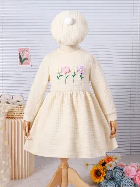 2pcs Girls Plaid Textured Crew Neck Long Sleeve Dress With Floral Decor   Hat, Casual & Cute Set 2pcs Girls Plaid Textured Crew Neck Long Sleeve Dress With Floral Decor   Hat, Casual & Cute Set