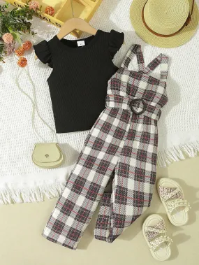 2pcs Young Girl Casual And Cute Grid/Print Woven Overalls With Elastic Knit Ripped Hem Top For Spring/Summer 2pcs Young Girl Casual And Cute Grid/Print Woven Overalls With Elastic Knit Ripped Hem Top For Spring/Summer