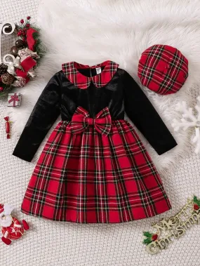 2pcs Young Girl' Casual Christmas Velvet Splice Plaid Pinafore Dress   Plaid Beret Hat Set, Suitable For Christmas Party, Casual Wear, And Layering With Coats 2pcs Young Girl' Casual Christmas Velvet Splice Plaid Pinafore Dress   Plaid Beret Hat Set, Suitable For Christmas Party, Casual Wear, And Layering With Coats