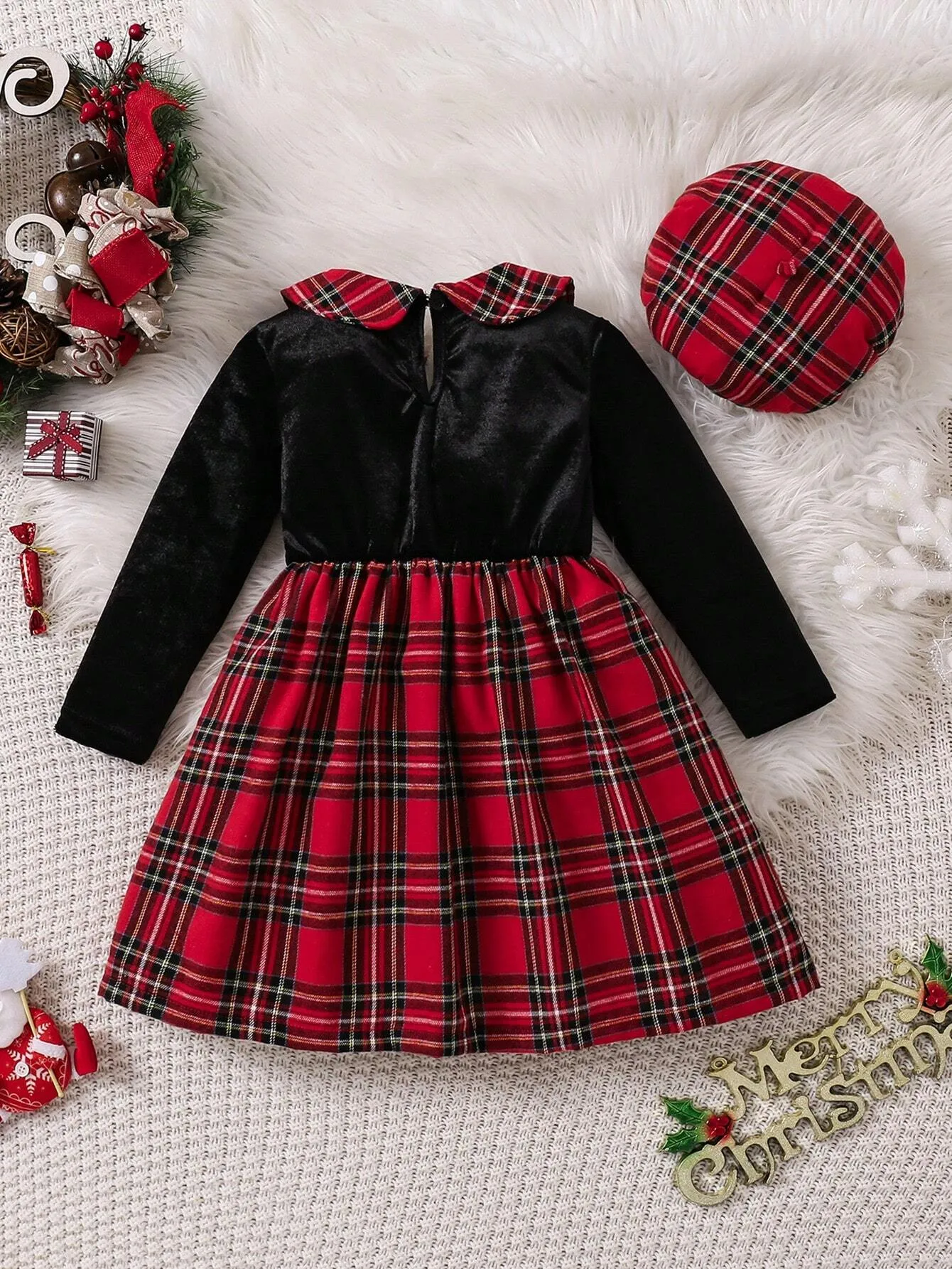 2pcs Young Girl' Casual Christmas Velvet Splice Plaid Pinafore Dress   Plaid Beret Hat Set, Suitable For Christmas Party, Casual Wear, And Layering With Coats