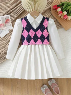 2pcs Young Girls Casual Pleated Long Sleeve Dress   Fashionable Plaid Vest Set 2pcs Young Girls Casual Pleated Long Sleeve Dress   Fashionable Plaid Vest Set