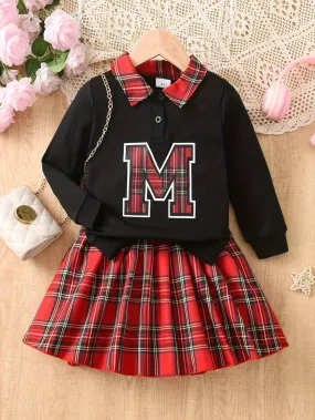 2pcs/Set Girls Classic Plaid Print Long Sleeve Sweatshirt & A-Line Pleated Skirt Outfit 2pcs/Set Girls Classic Plaid Print Long Sleeve Sweatshirt & A-Line Pleated Skirt Outfit