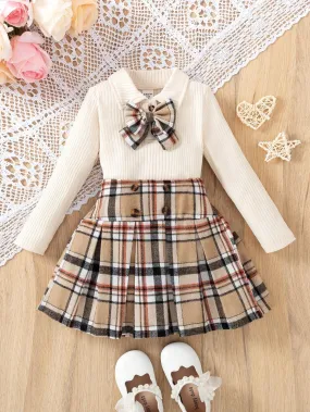 2pcs/Set Girls School Uniform Outfits, Including Collared Knit Long Sleeve Sweater With Bow Accent And Plaid Skirt, Fall/Winter 2pcs/Set Girls School Uniform Outfits, Including Collared Knit Long Sleeve Sweater With Bow Accent And Plaid Skirt, Fall/Winter