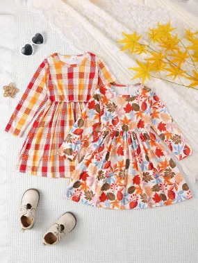 2pcs/Set Girls Young Girl Autumn Leaves & Plaid Print Casual Fashion Dress Set 2pcs/Set Girls Young Girl Autumn Leaves & Plaid Print Casual Fashion Dress Set