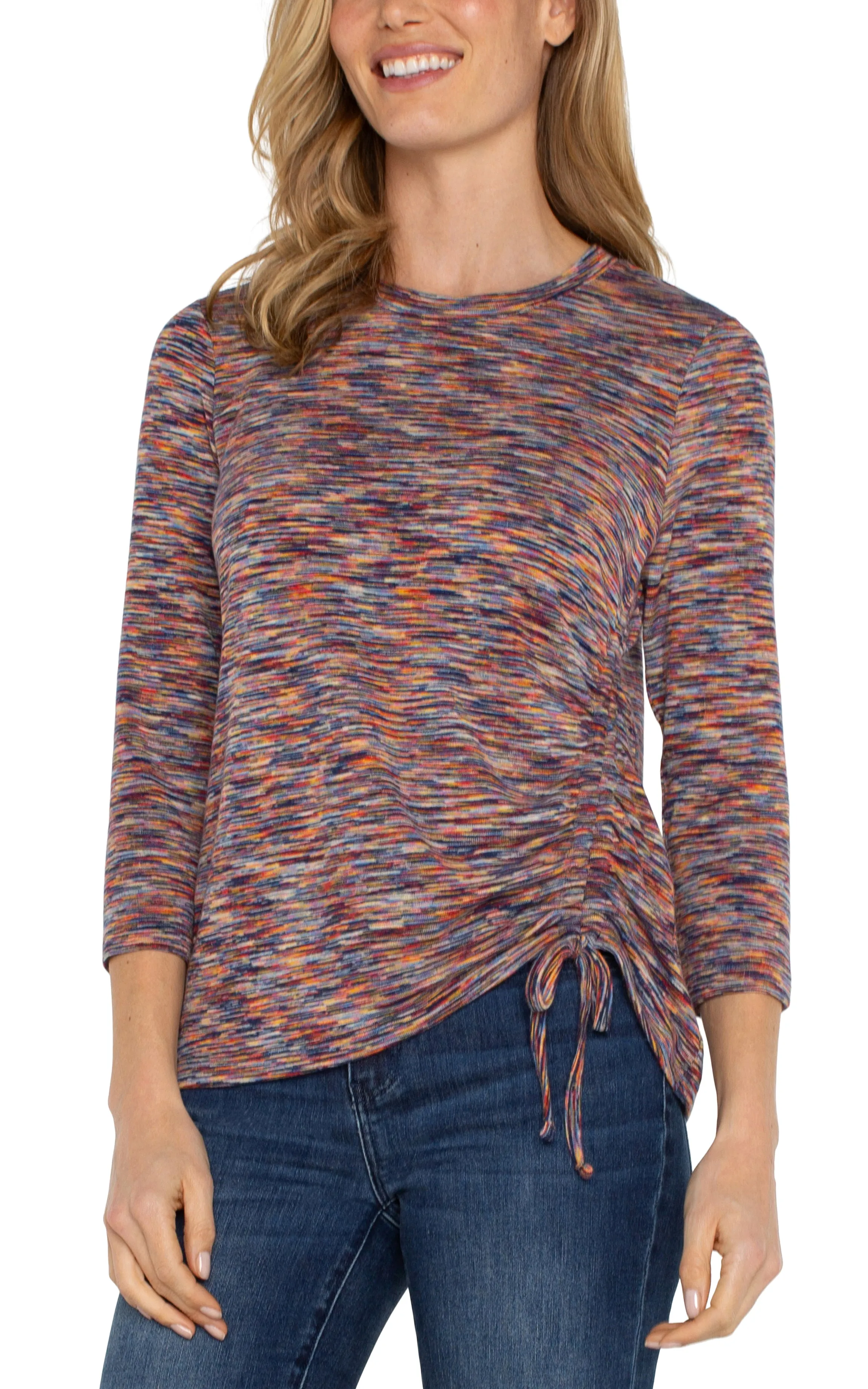 3/4 SLEEVE KNIT TOP WITH ASYMMETRIC TIE DETAIL