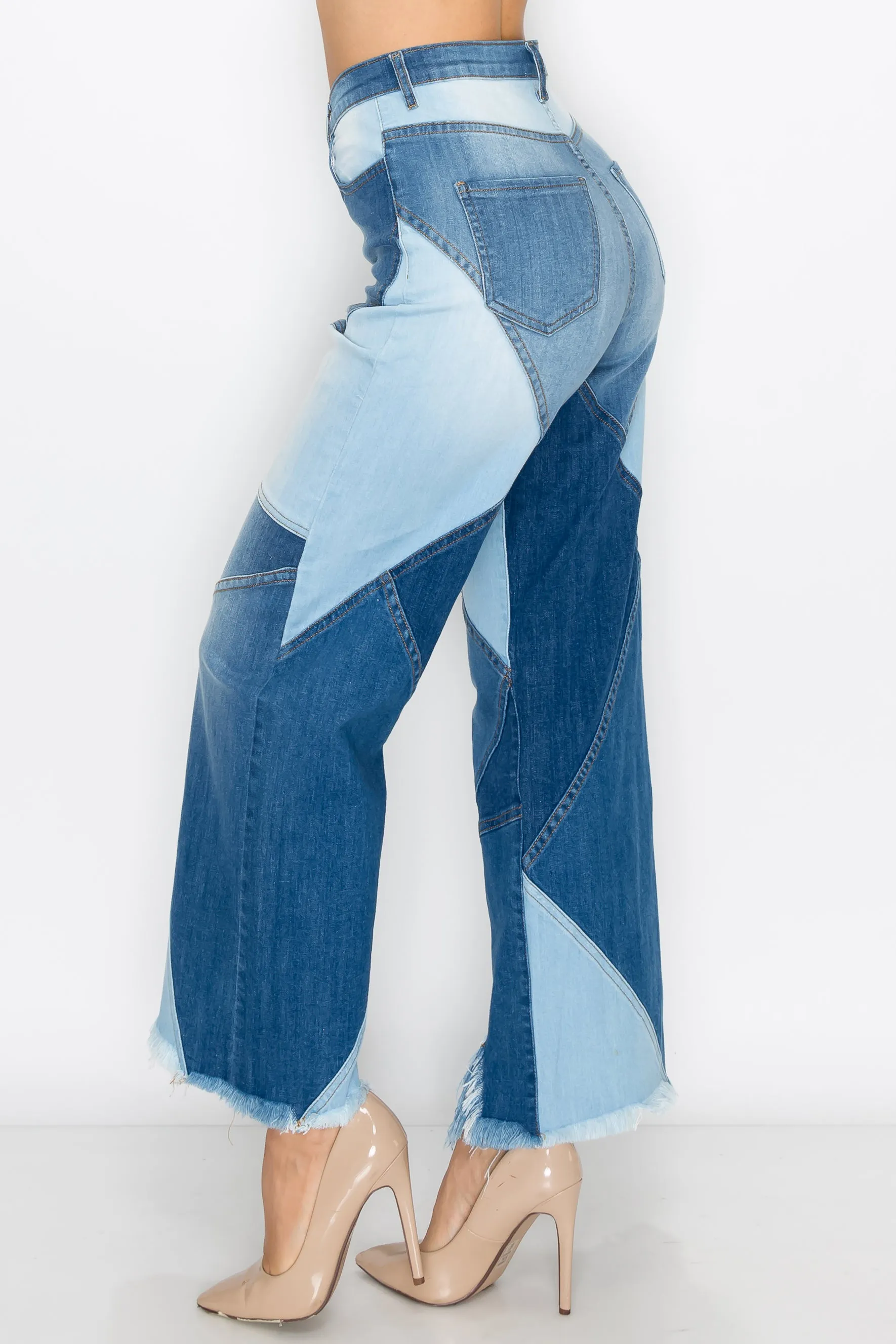 40268 Women's High Waisted Wide Jeans with Multi Shade Panel