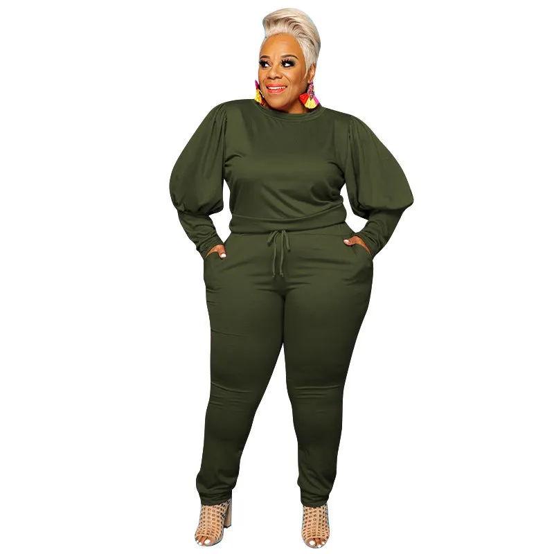 5XL Stylish  women's plus size 2 piece sets solid color o-neck plus size women clothing puff sleeves two piece pants set plus