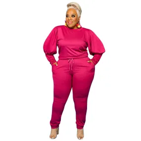 5XL Stylish  women's plus size 2 piece sets solid color o-neck plus size women clothing puff sleeves two piece pants set plus 5XL Stylish  women's plus size 2 piece sets solid color o-neck plus size women clothing puff sleeves two piece pants set plus