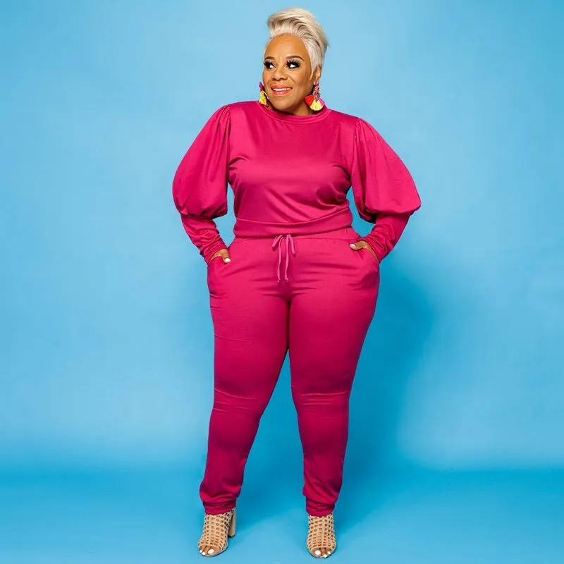 5XL Stylish  women's plus size 2 piece sets solid color o-neck plus size women clothing puff sleeves two piece pants set plus