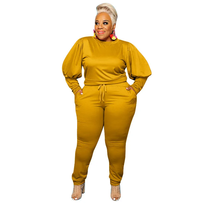 5XL Stylish  women's plus size 2 piece sets solid color o-neck plus size women clothing puff sleeves two piece pants set plus