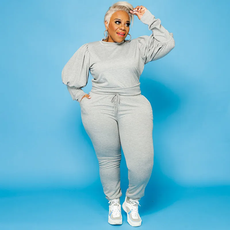 5XL Stylish  women's plus size 2 piece sets solid color o-neck plus size women clothing puff sleeves two piece pants set plus