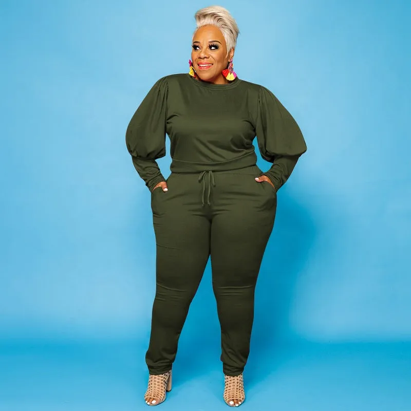 5XL Stylish  women's plus size 2 piece sets solid color o-neck plus size women clothing puff sleeves two piece pants set plus