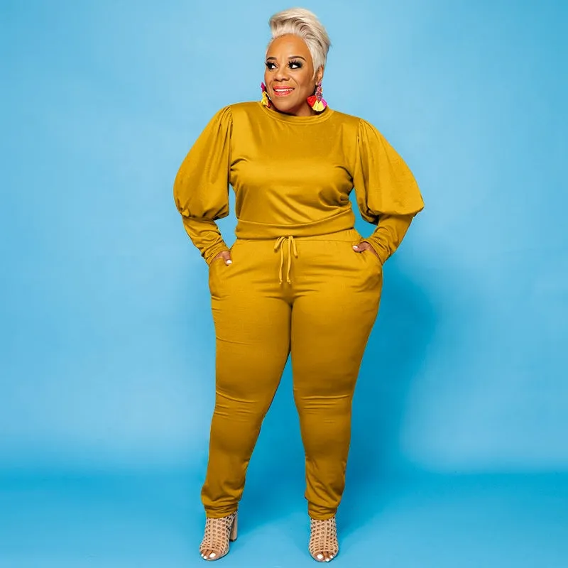 5XL Stylish  women's plus size 2 piece sets solid color o-neck plus size women clothing puff sleeves two piece pants set plus