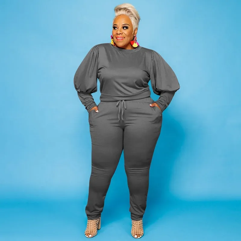 5XL Stylish  women's plus size 2 piece sets solid color o-neck plus size women clothing puff sleeves two piece pants set plus