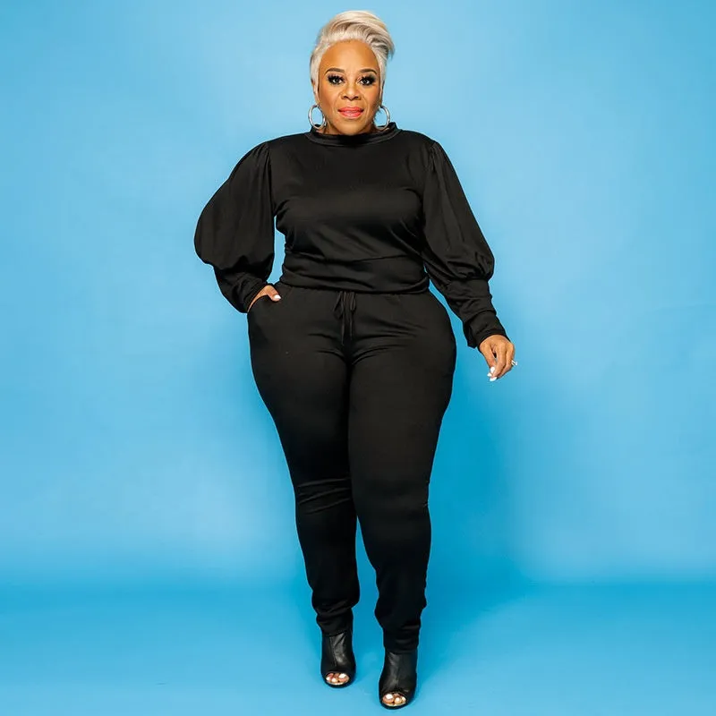 5XL Stylish  women's plus size 2 piece sets solid color o-neck plus size women clothing puff sleeves two piece pants set plus