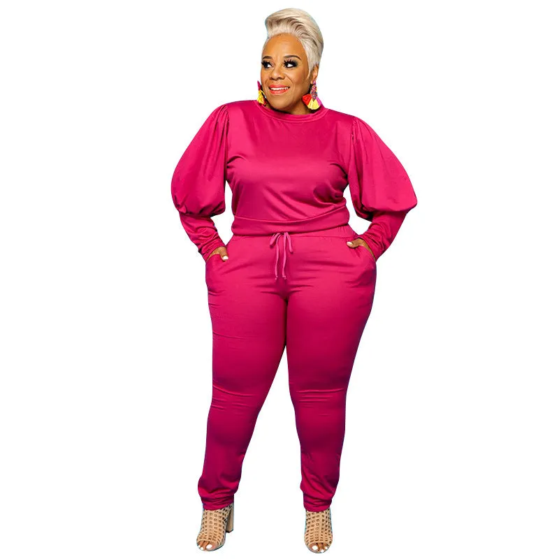 5XL Stylish  women's plus size 2 piece sets solid color o-neck plus size women clothing puff sleeves two piece pants set plus