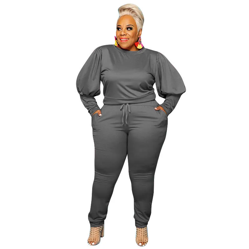 5XL Stylish  women's plus size 2 piece sets solid color o-neck plus size women clothing puff sleeves two piece pants set plus