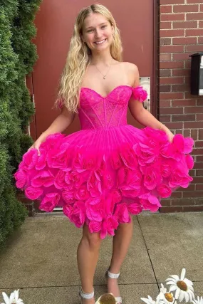 A-Line Off the Shoulder Pink Satin Homecoming Dresses with Flowers A-Line Off the Shoulder Pink Satin Homecoming Dresses with Flowers