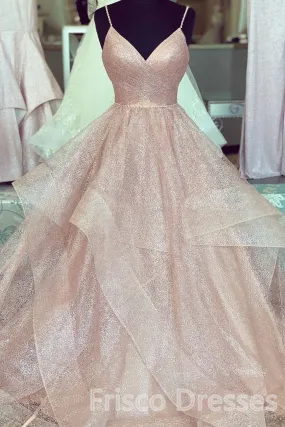 A Line Rose Gold Pleated Bodice Ruffled Long Prom Dresses A Line Rose Gold Pleated Bodice Ruffled Long Prom Dresses