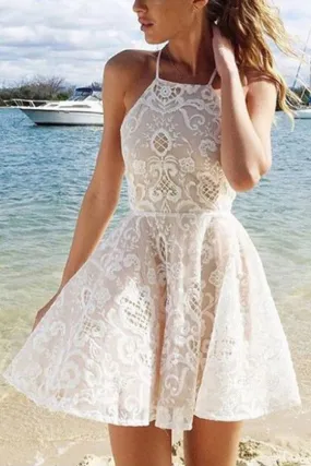 A-line White Halter Short Straps Lace Homecoming Dresses With Pleats,SH13 A-line White Halter Short Straps Lace Homecoming Dresses With Pleats,SH13