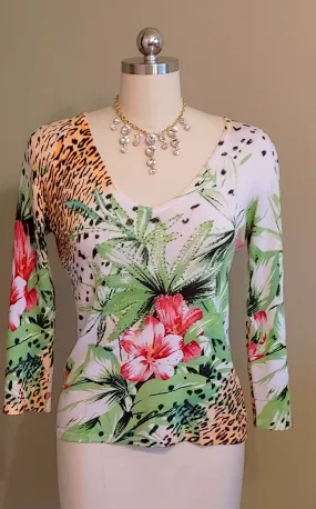 *ALBERTO MAKALI BEADED SEQUIN TIGER / LEOPARD & HIBISCUS TOP - LARGE *ALBERTO MAKALI BEADED SEQUIN TIGER / LEOPARD & HIBISCUS TOP - LARGE