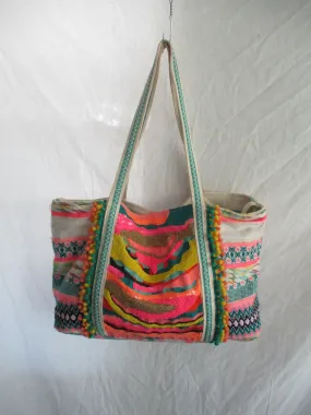 AMERICA & BEYOND Colorful Embroidered Tote Bag Satchel Shopper Ethnic Bead Sequin AMERICA & BEYOND Colorful Embroidered Tote Bag Satchel Shopper Ethnic Bead Sequin