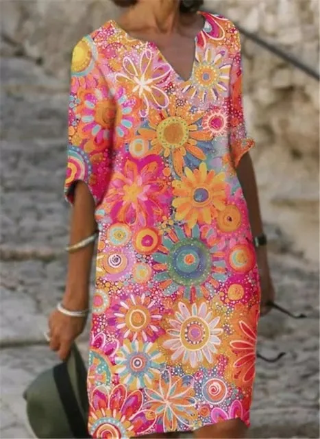 Amy Fashion - Casual Plus Size Dress Slimming V-neck Dress