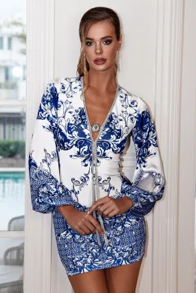 Angelina long sleeve royal blue white flowers scuba - Short Cocktail Dress Angelina long sleeve royal blue white flowers scuba - Short Cocktail Dress