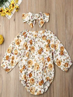 Baby Boho Chic Golden Rose Long Sleeve Onesie With Matching Headband Baby Boho Chic Golden Rose Long Sleeve Onesie With Matching Headband