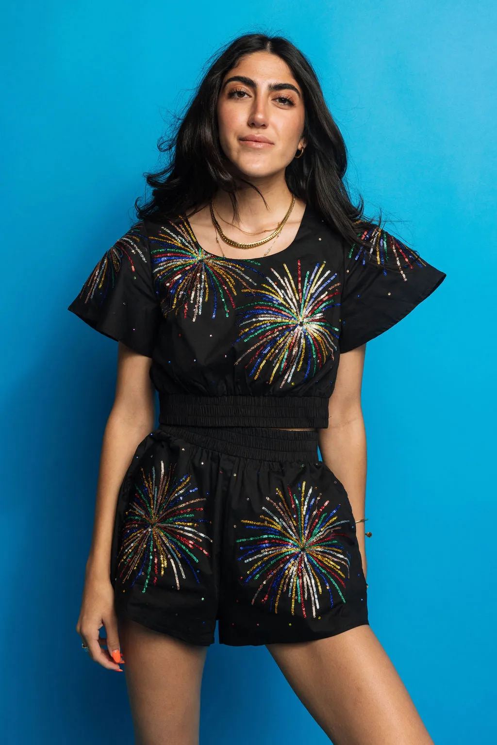 Black Firework Short Sleeve Top