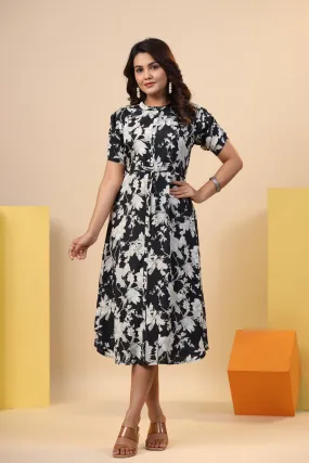 Black Floral Print on Silk Midi Dress Black Floral Print on Silk Midi Dress