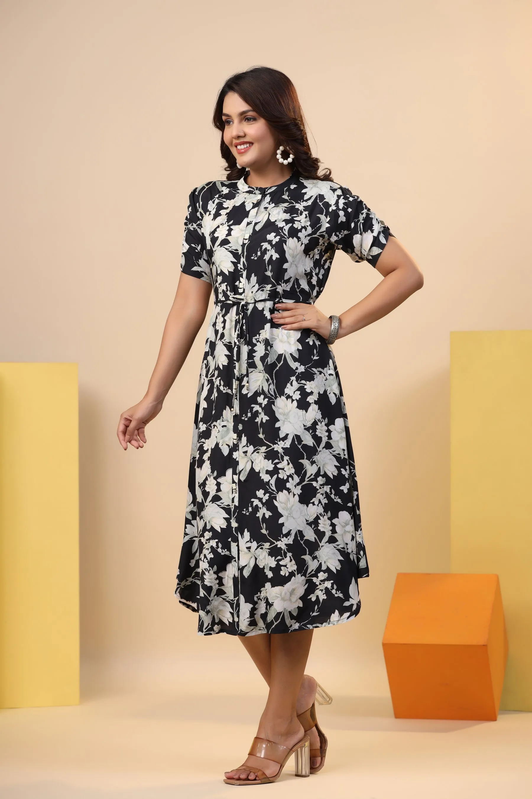 Black Floral Print on Silk Midi Dress