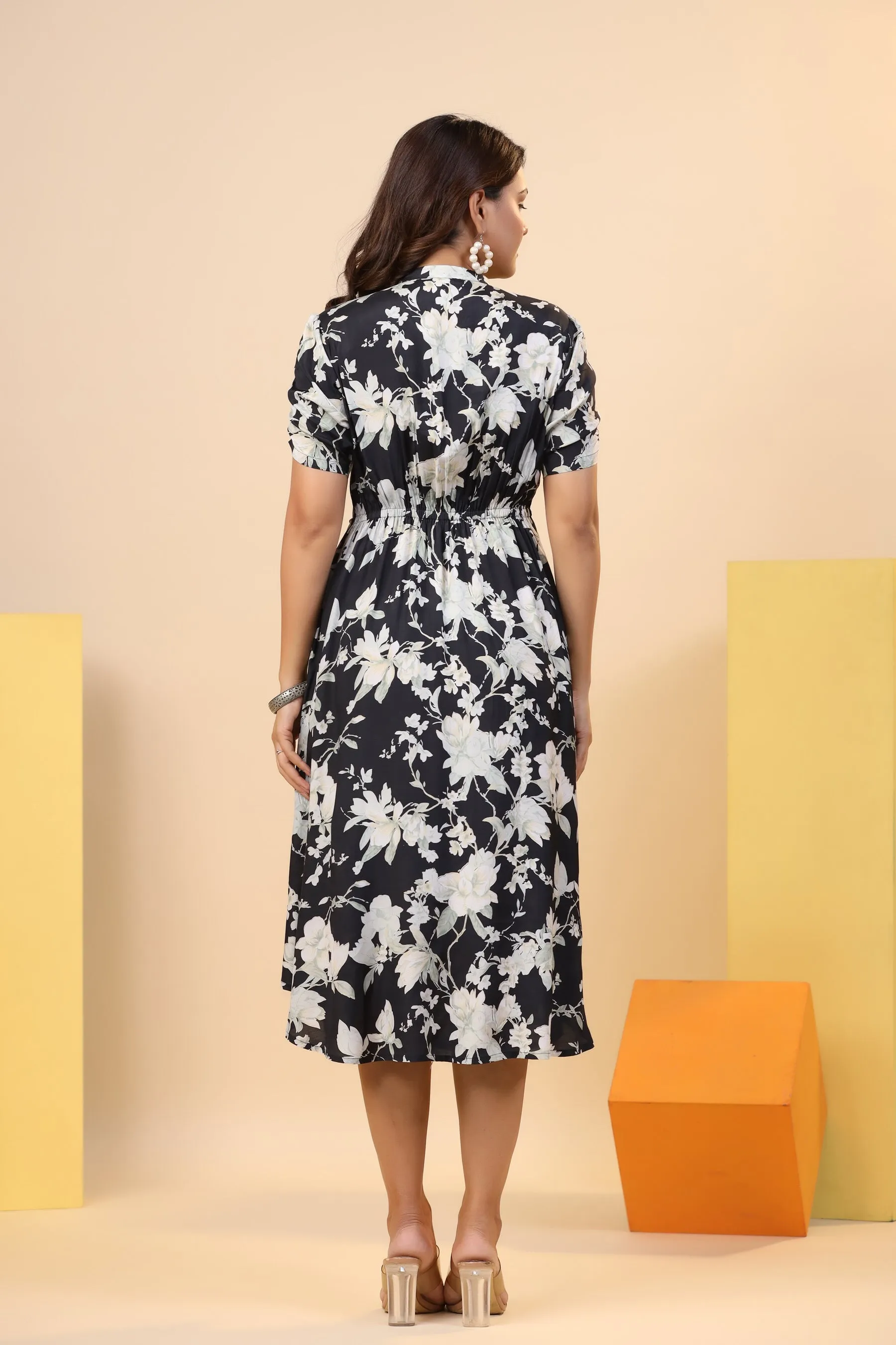 Black Floral Print on Silk Midi Dress