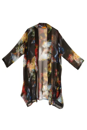 Black Print Side Drape Long Duster 8610 Black Print Side Drape Long Duster 8610