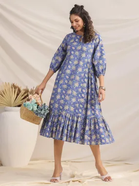 Blue Cotton Floral Fit & Flare Dress Blue Cotton Floral Fit & Flare Dress
