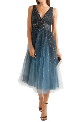 Blue Embellished Ombré Tulle Midi Dress Blue Embellished Ombré Tulle Midi Dress