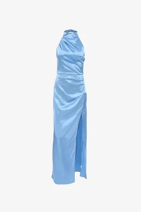 Blue Halter Satin Split Maxi Dress Blue Halter Satin Split Maxi Dress