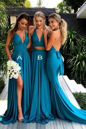 Blue Simple V-neck Long Bridesmaid Dresses with Side Slit, Wedding Party Dress, BD83 Blue Simple V-neck Long Bridesmaid Dresses with Side Slit, Wedding Party Dress, BD83