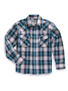 Boy's Ely Cattleman Long Sleeve Textured Plaid Western Snap Shirt- Teal & Khaki Boy's Ely Cattleman Long Sleeve Textured Plaid Western Snap Shirt- Teal & Khaki