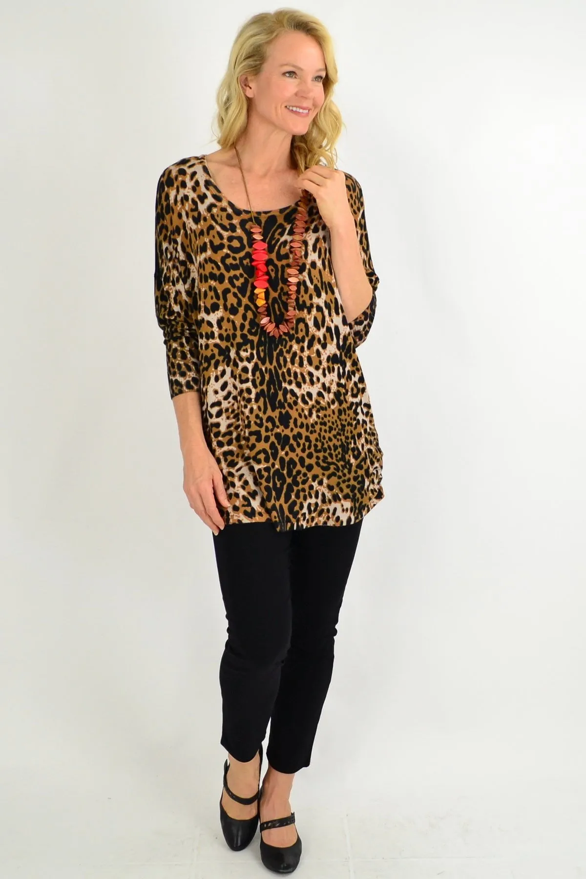 Brown Leopard Wool Blend Tunic Top